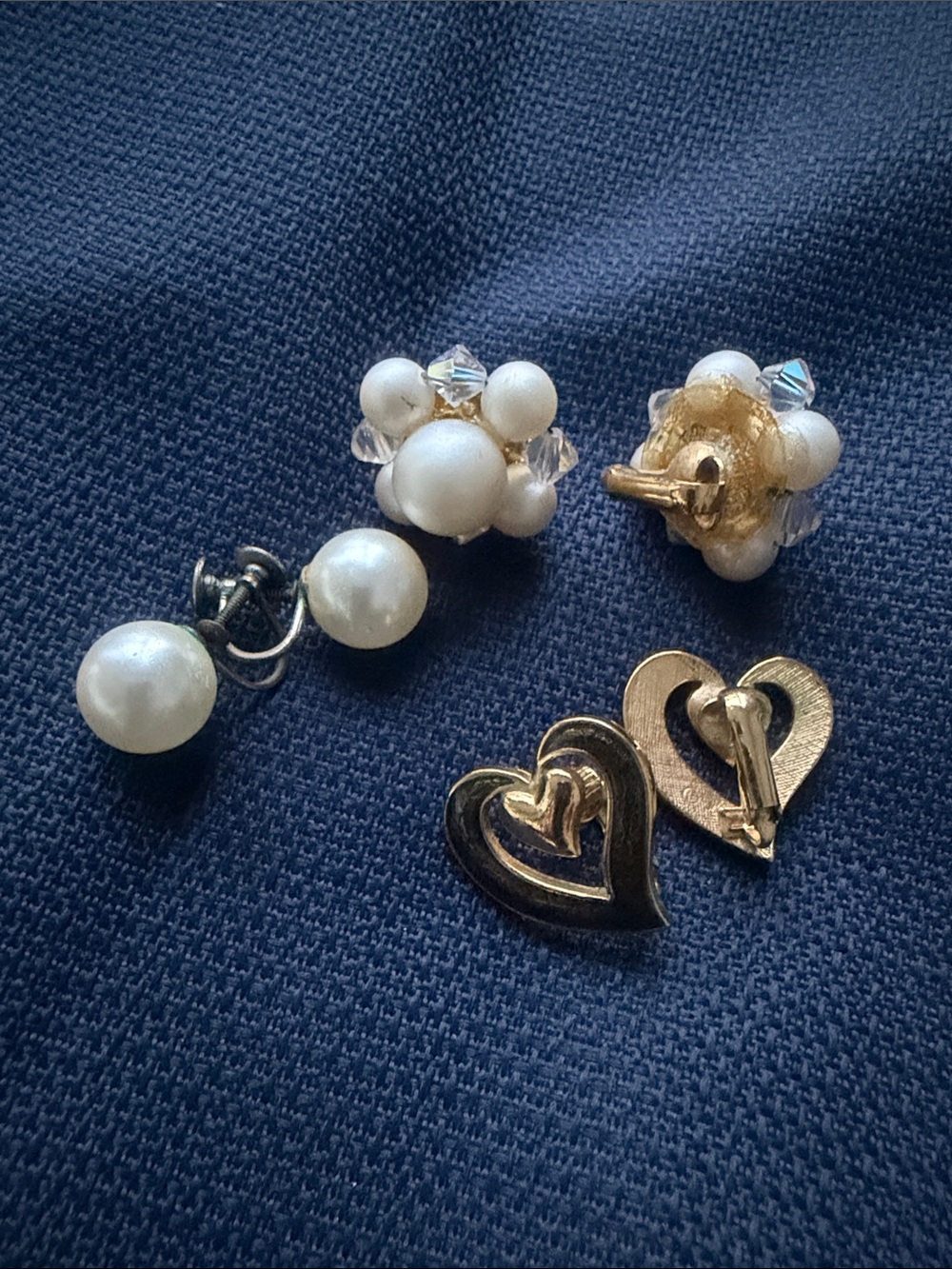 Pearl Cluster and Gold Heart Clip-On Earrings - White